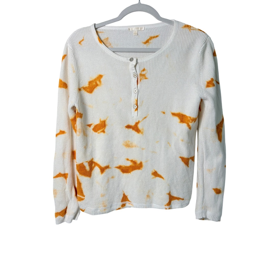 Lisa Todd Henley Top Womens M White Orange Tie Dye Cotton Knit Shirt